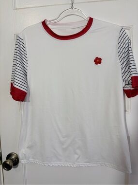 Ladies White Tee with Red Trim & Stripe Sleeves
